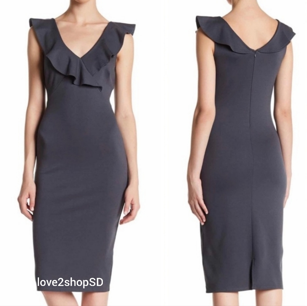 Superfoxx Nordstrom Ruffle Midi Column Dress Gray Grey XS NWT Ponte Knit